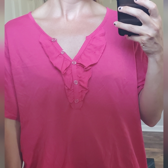 Karen Scott 3X Pink Ruffled Short Sleeve V-Neck Top - Picture 6 of 8